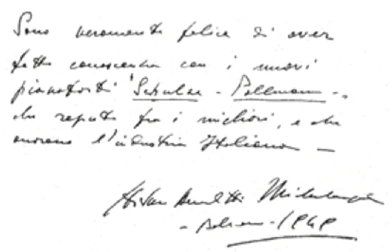 La nota autografa lasciata da Michelangeli, datata Bolzano 1949