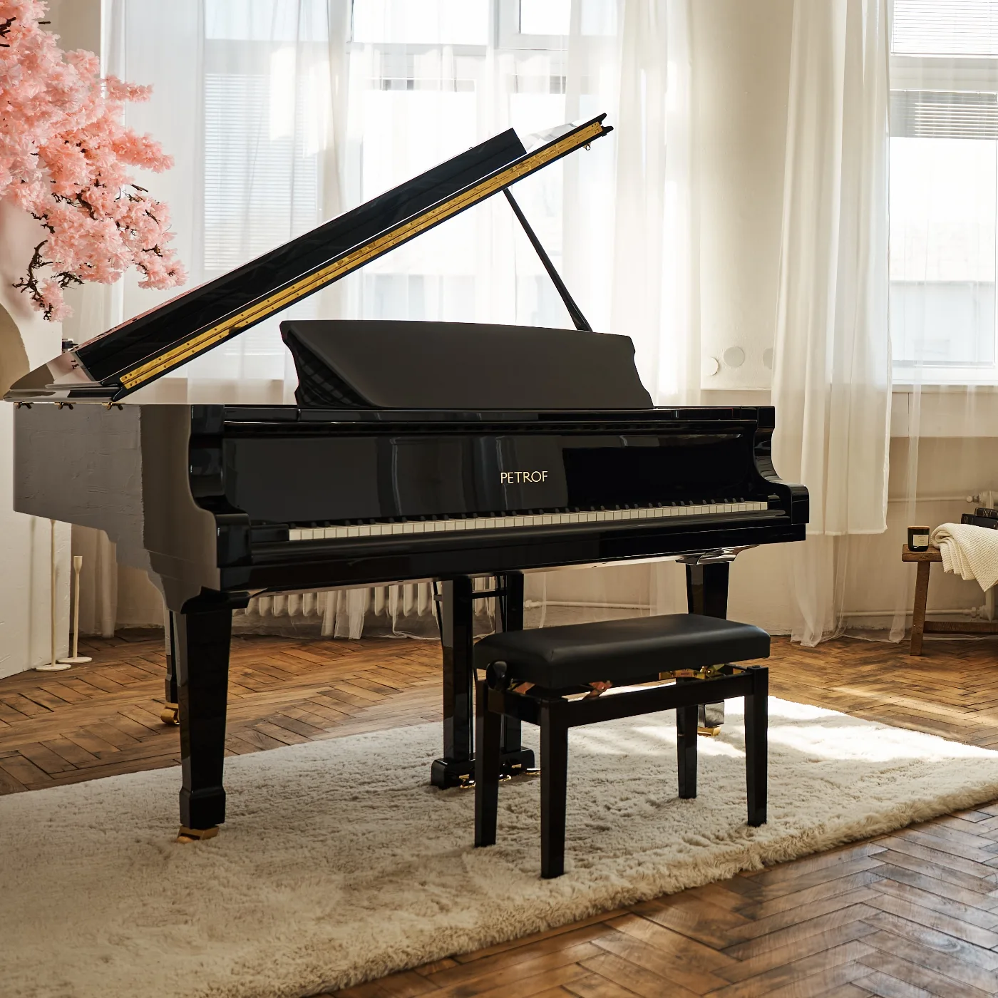 Pianoforte a coda Petrof nero lucido in un salotto con luce naturale